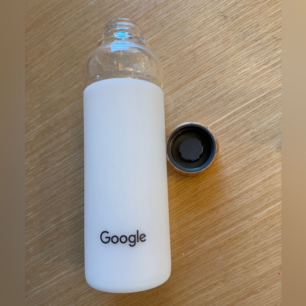 Google Branded Glass Water Bottle with White Silicone Sleeve
